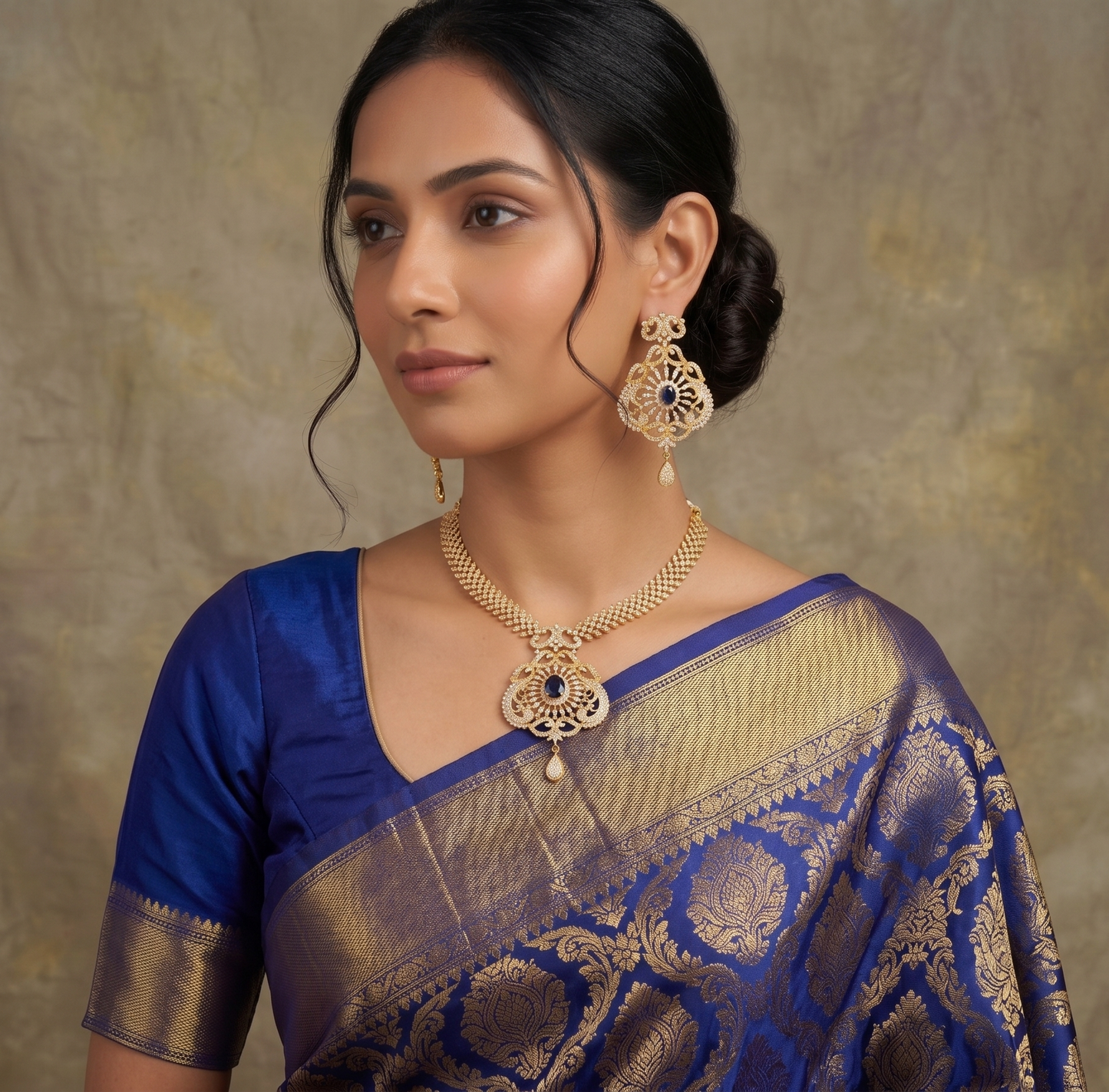 Gold tone cz-blue-white bridal necklace set dj-05788