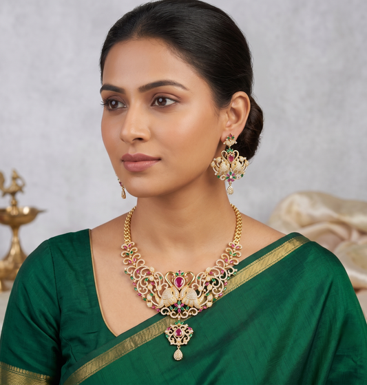 Gold tone cz-ruby-emerald peacock necklace set dj-05813