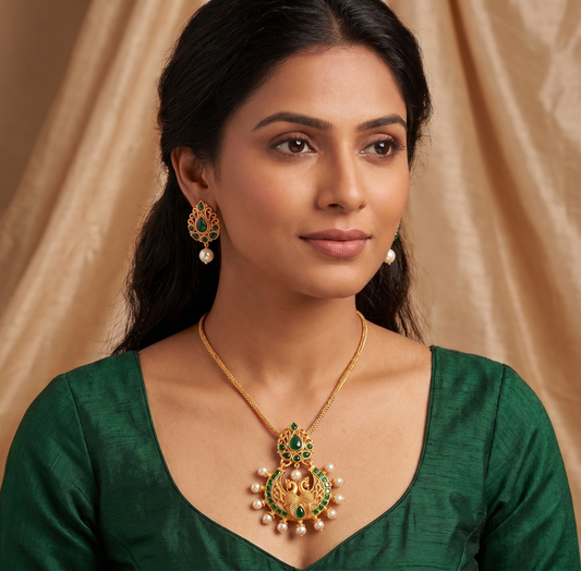 Beautiful Matte Finish Peacock Green Necklace Set-dj05836