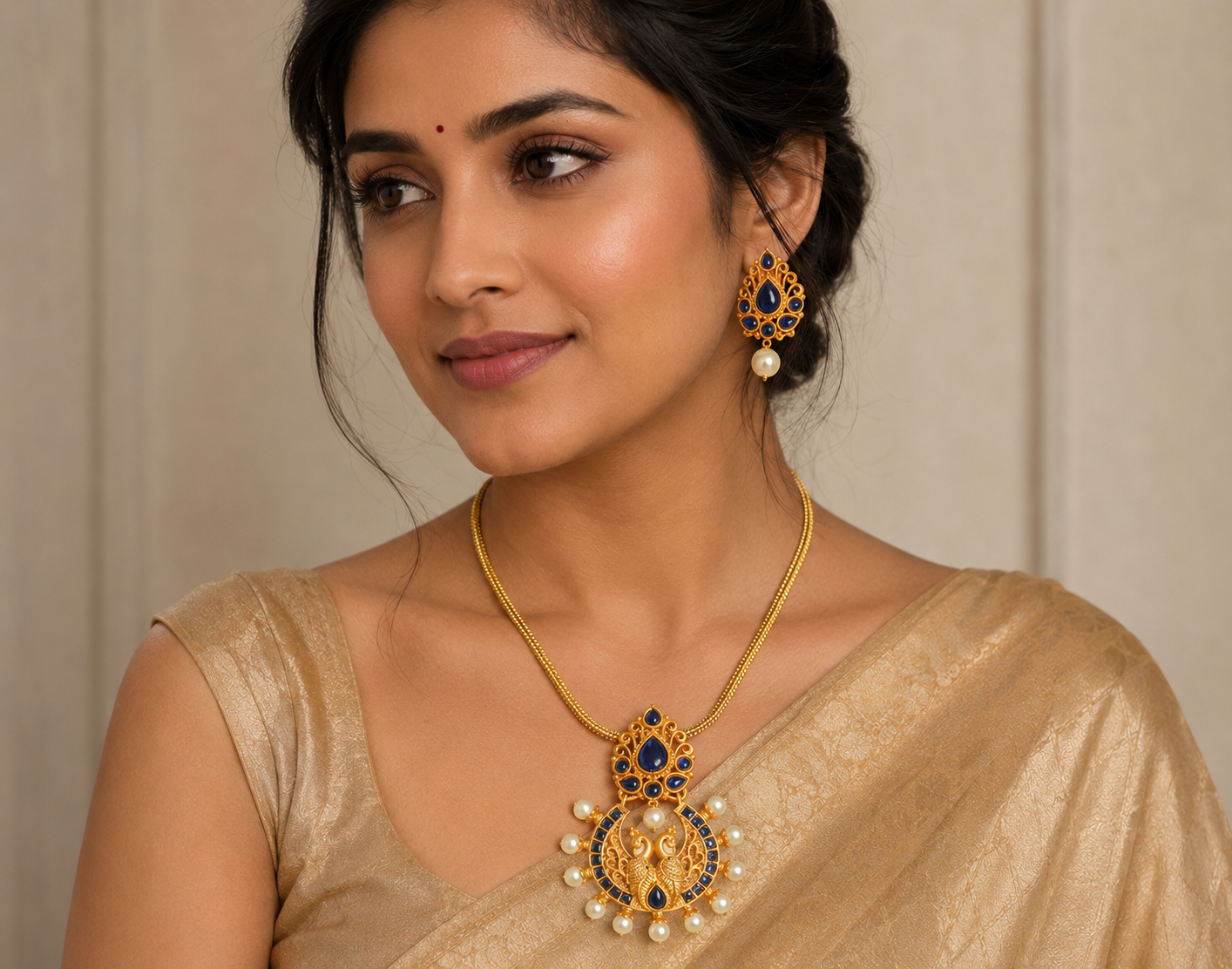 Beautiful Matte Finish Peacock Blue Necklace Set-dj05837
