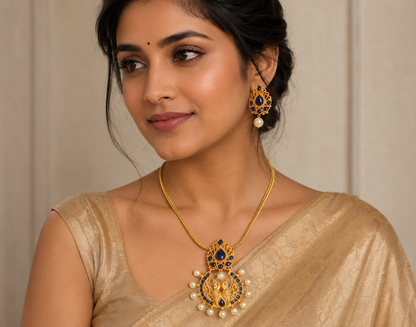 Beautiful Matte Finish Peacock Blue Necklace Set-dj05837