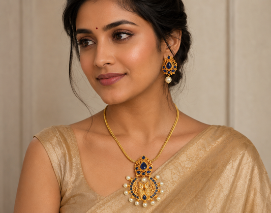 Beautiful Matte Finish Peacock Blue Necklace Set-dj05837