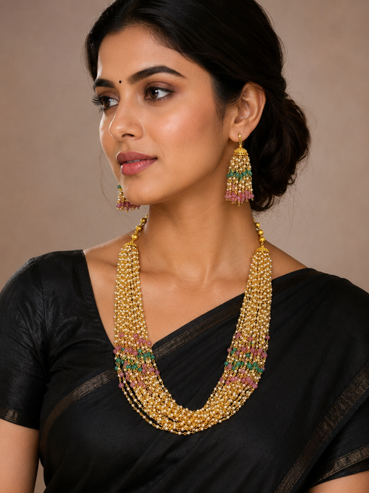 Gold Tone Pearl 24 Strand Pink-green Necklace Set dj-05851
