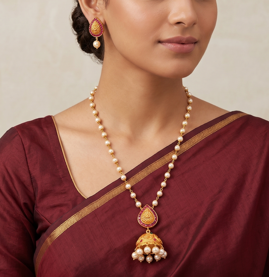 Awesome Matte Finish Ruby-emerald Jhumkka Pendant Necklace Set-dj05883