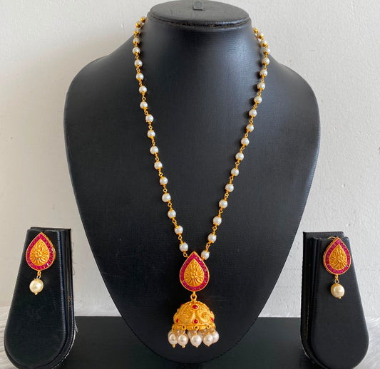 Matte Finish Ruby Pearl Jhumkka Pendant Necklace Set-dj05884