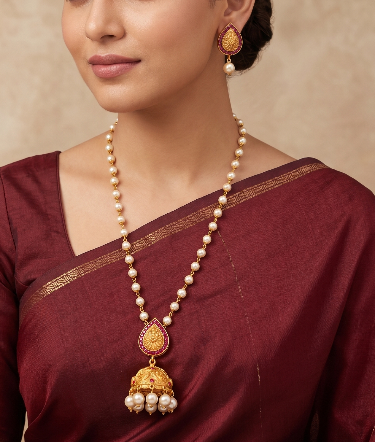 Matte Finish Ruby Pearl Jhumkka Pendant Necklace Set-dj05884