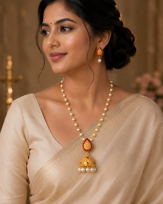 Matte Finish Ruby Pearl Jhumkka Pendant Necklace Set-dj05884