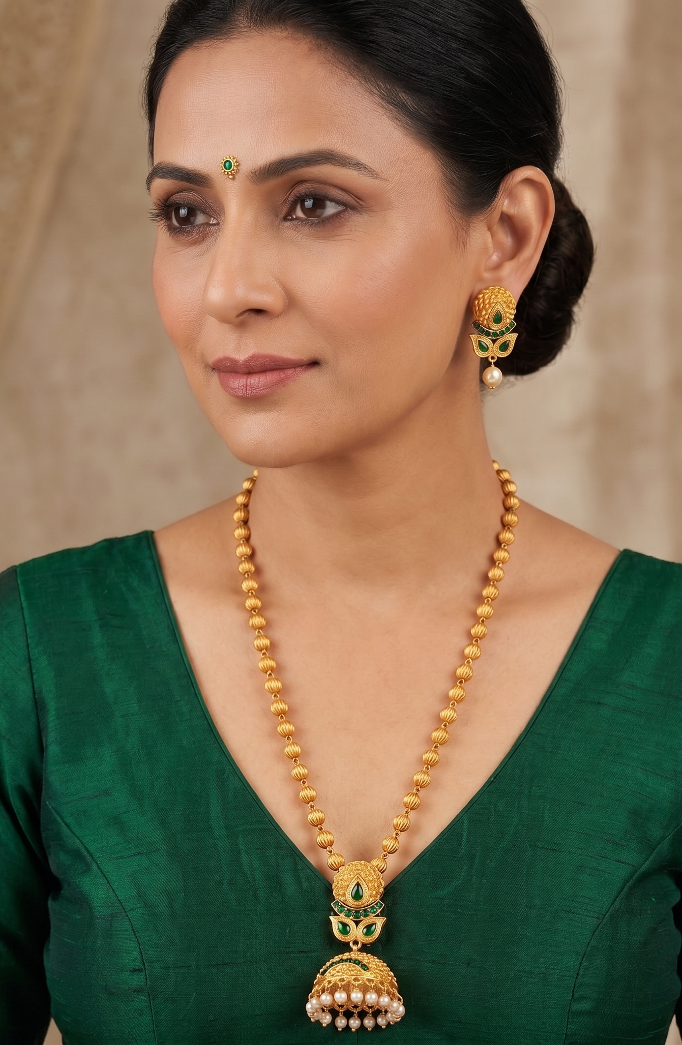 Awesome Matte Finish Emerald Jhumkka Pendant Necklace Set-dj05888