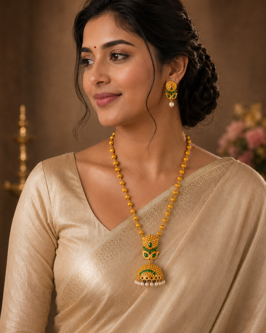 Awesome Matte Finish Emerald Jhumkka Pendant Necklace Set-dj05888