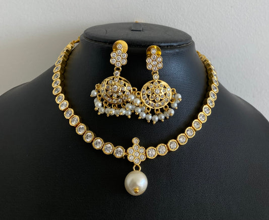 Gold tone AD white stone pearl south indian style necklace set dj-53422