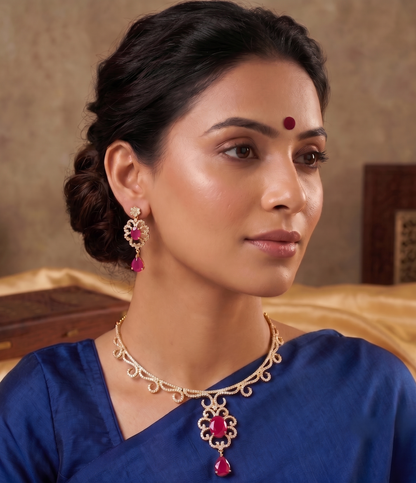 Awesome Gold Tone Cz Ruby Designer Bridal Necklace Set-dj05972