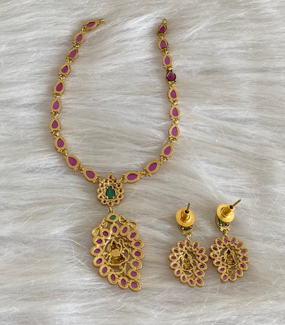 Antique gold tone pink green stone peacock lakshmi necklace set dj-54754
