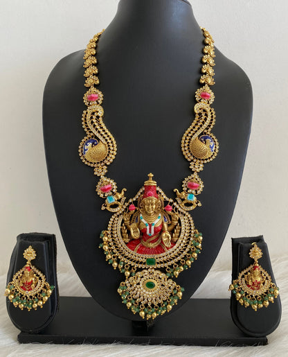 Matte finish green beaded red meenakari mahalakshmi peacock haar set dj-54739