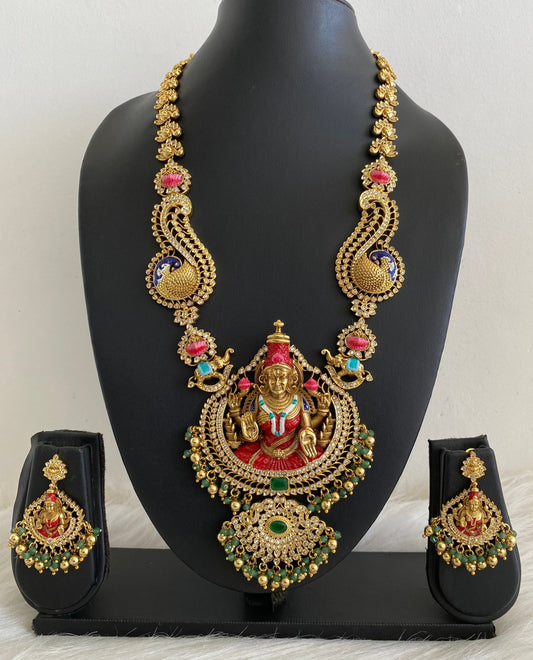Matte finish green beaded red meenakari mahalakshmi peacock haar set dj-54739