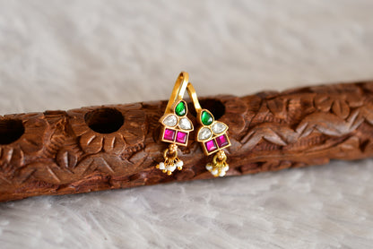 Gold tone pink-green-white kundan jadau bugadi earrings dj-52488
