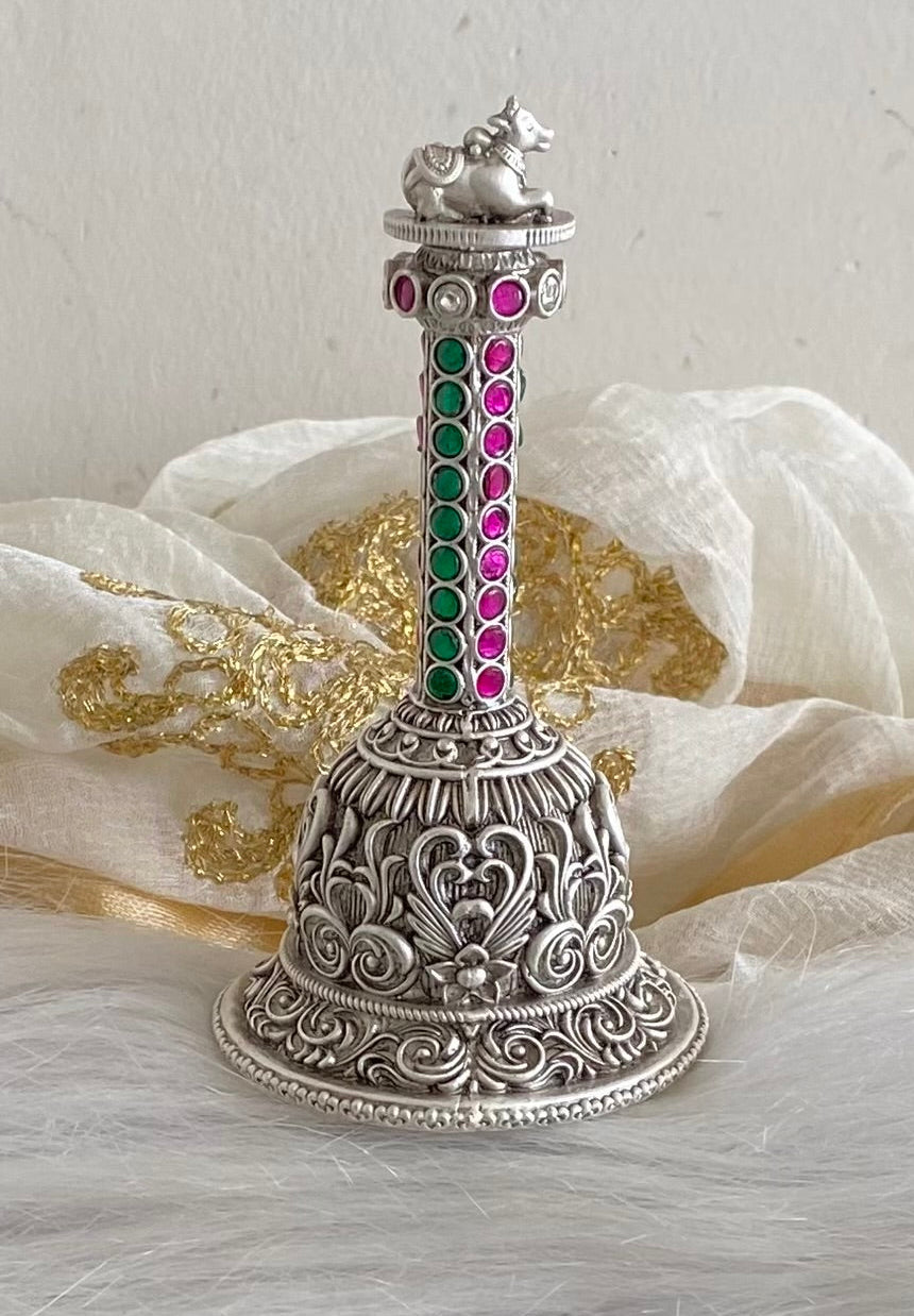 Silver tone pink-green stone shri nandhi bell dj-54231