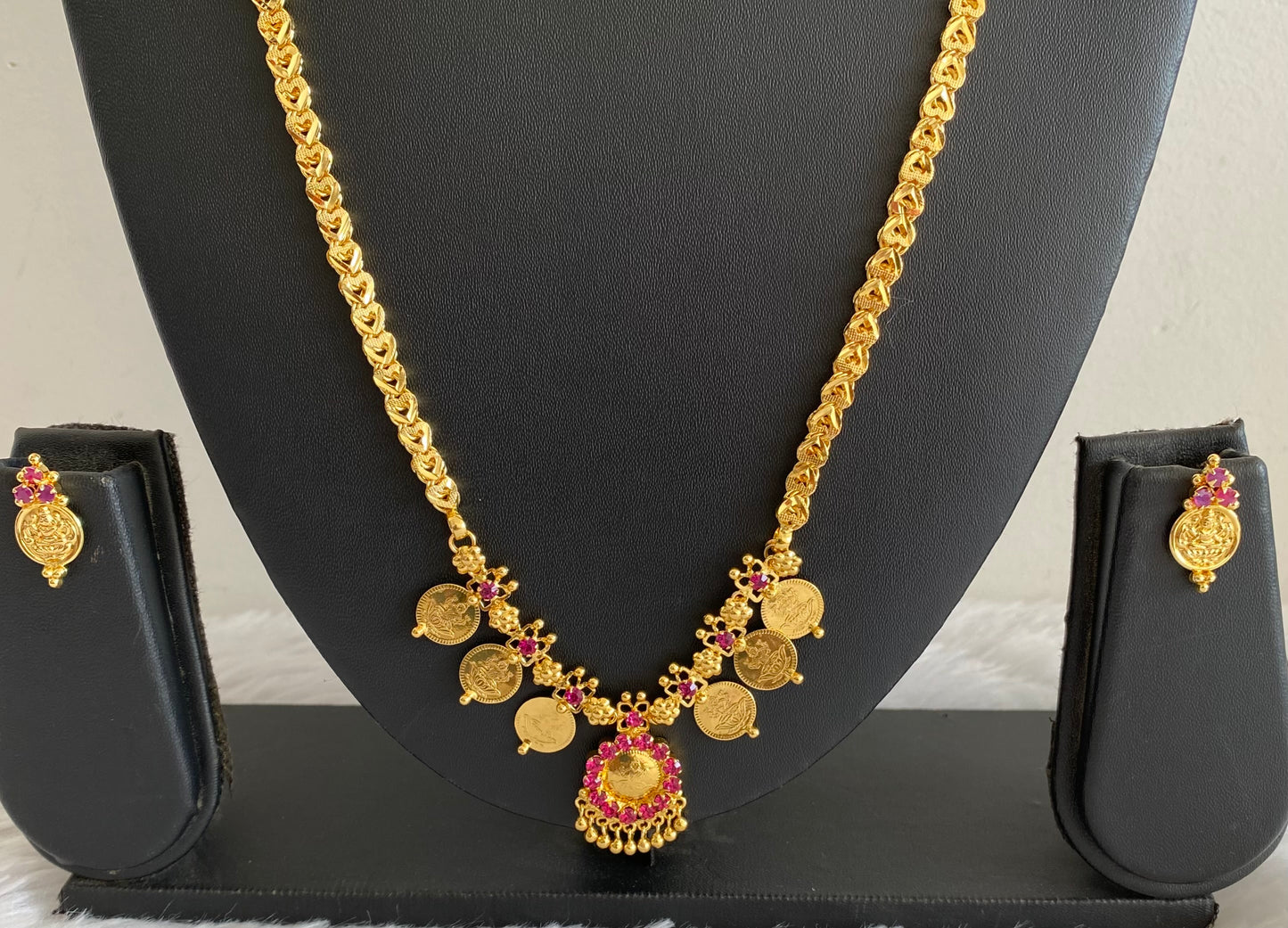 Gold tone 24 inches chain with pink lakshmi coin pendant set dj-52901