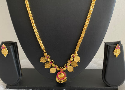 Gold tone 24 inches chain with pink lakshmi coin pendant set dj-52901