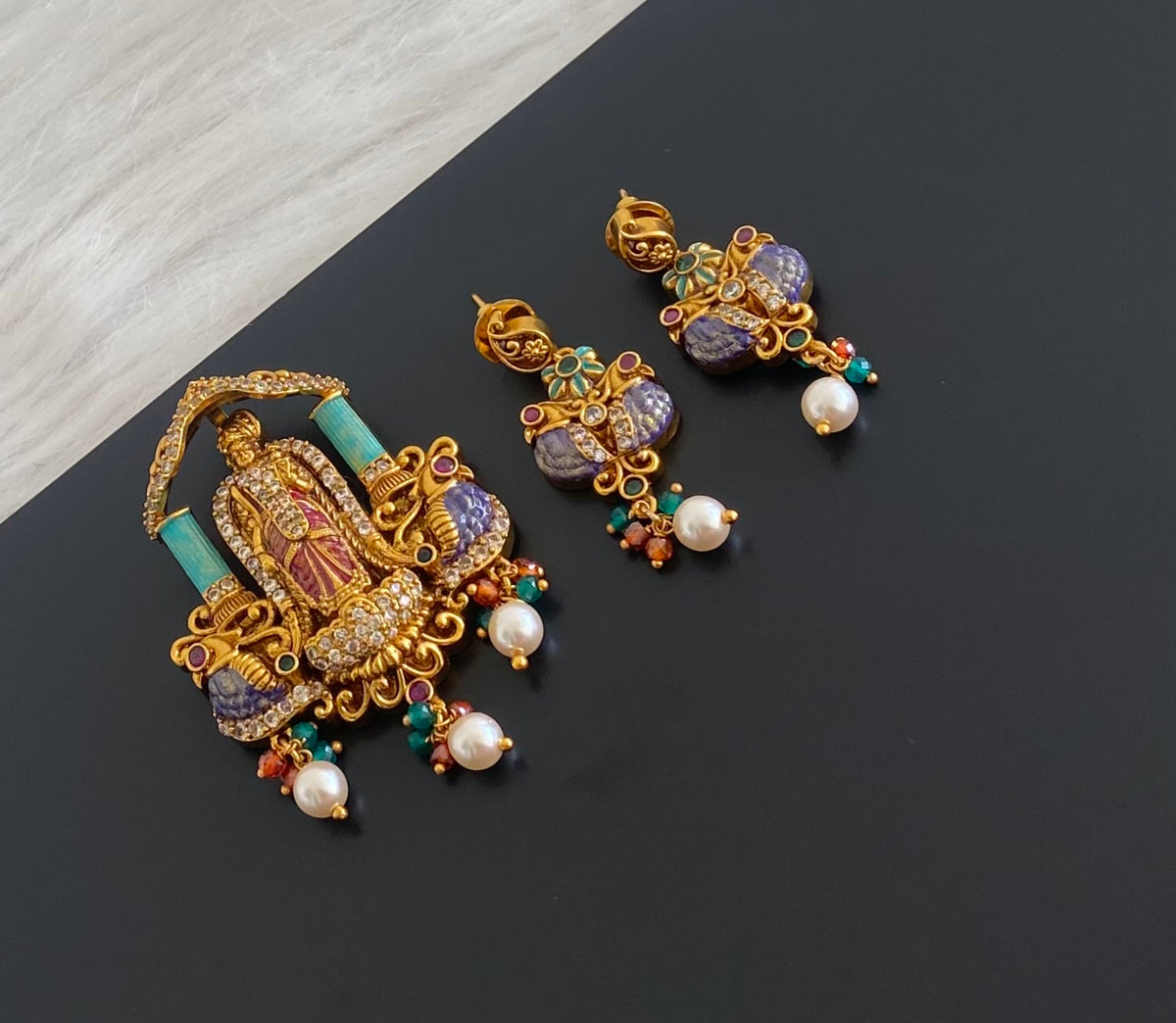Antique gold tone Ma Meenakshi meenakari pendant set dj-54993