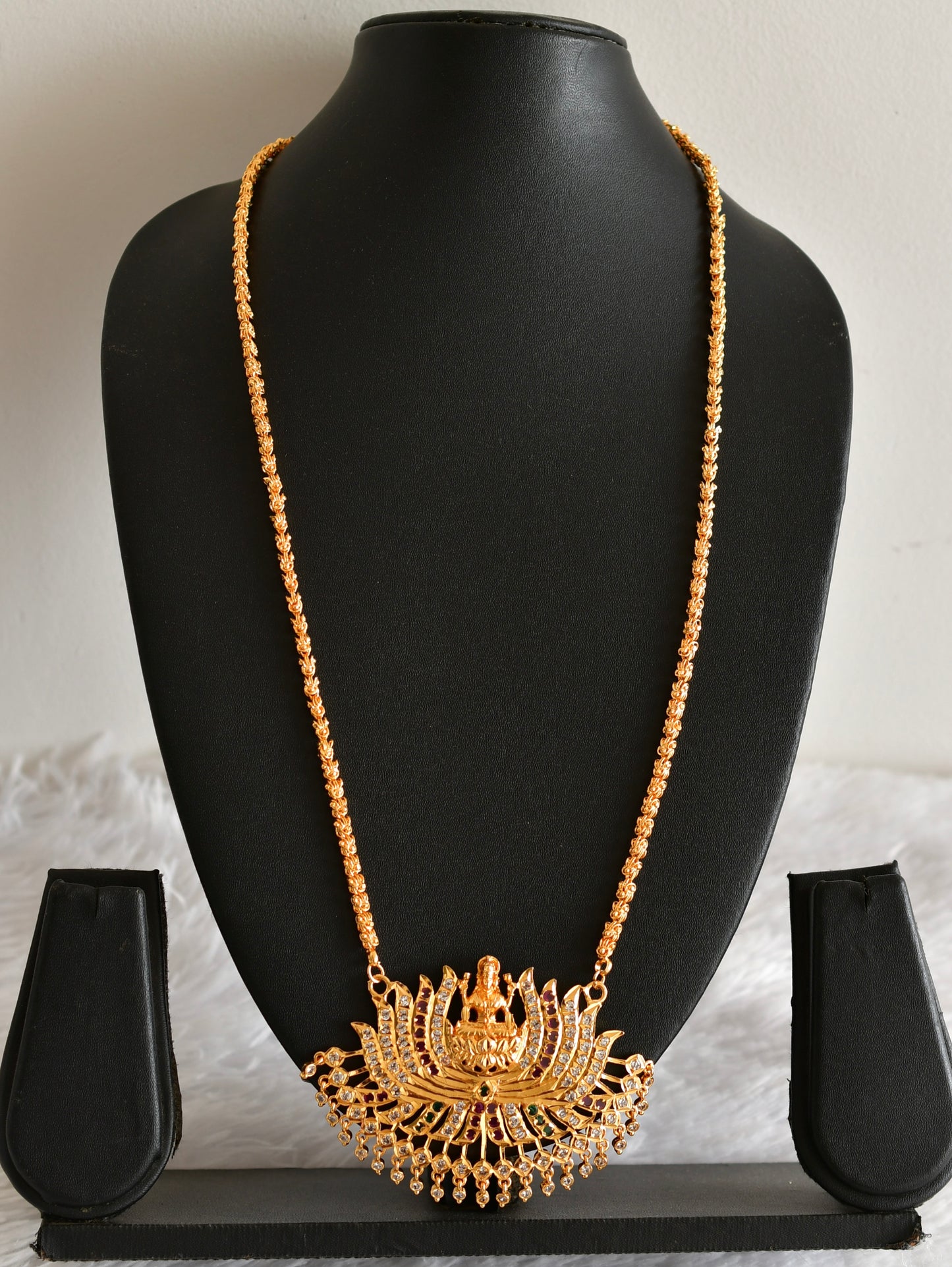 Gold tone ruby-white-green stone Lakshmi Lotus pendant with chain dj-38640