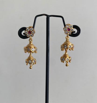 Gold tone ad pink-white stone south indian step jhumkka dj-54894
