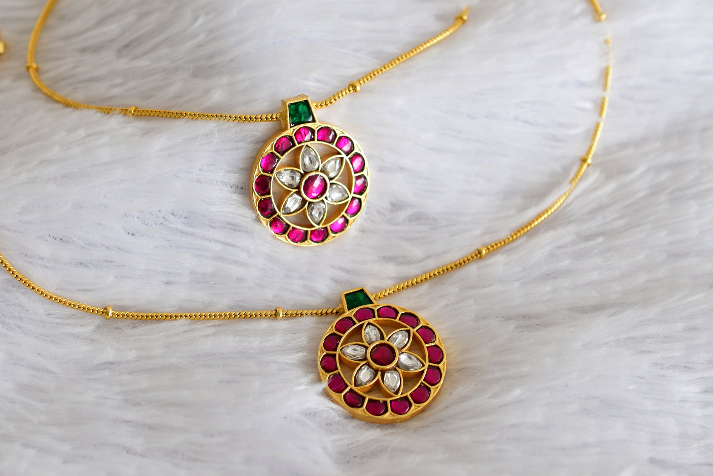 Gold tone pink-green-white round flower kundan jadau anklets dj-52395