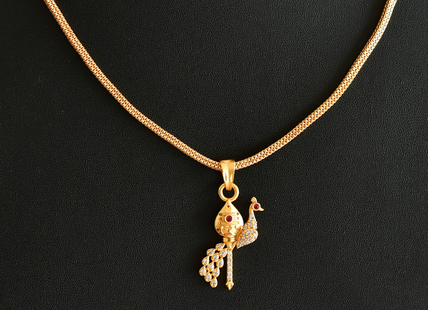 Gold tone 18 inches chain with pink-white stone vel-mayil pendant dj-51905