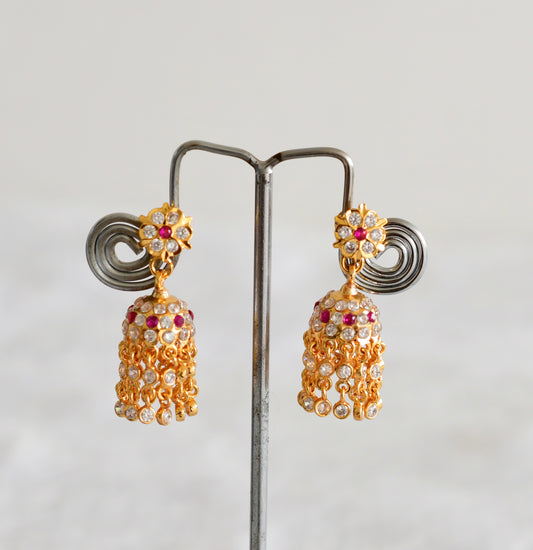 Gold tone AD pink-white stone jhumkka dj-51891