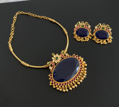 Matte finish peacock big blue oval stone pendant hasli necklace set dj-51225