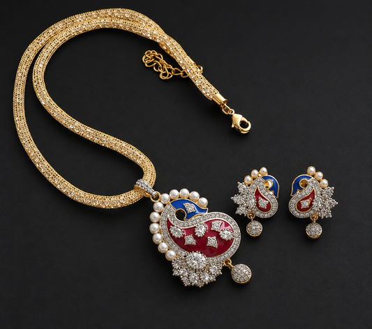 Two tone meenakari cz mango necklace set dj-06044