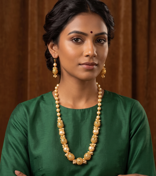 Antique gold tone pearl beaded necklace set dj-06051