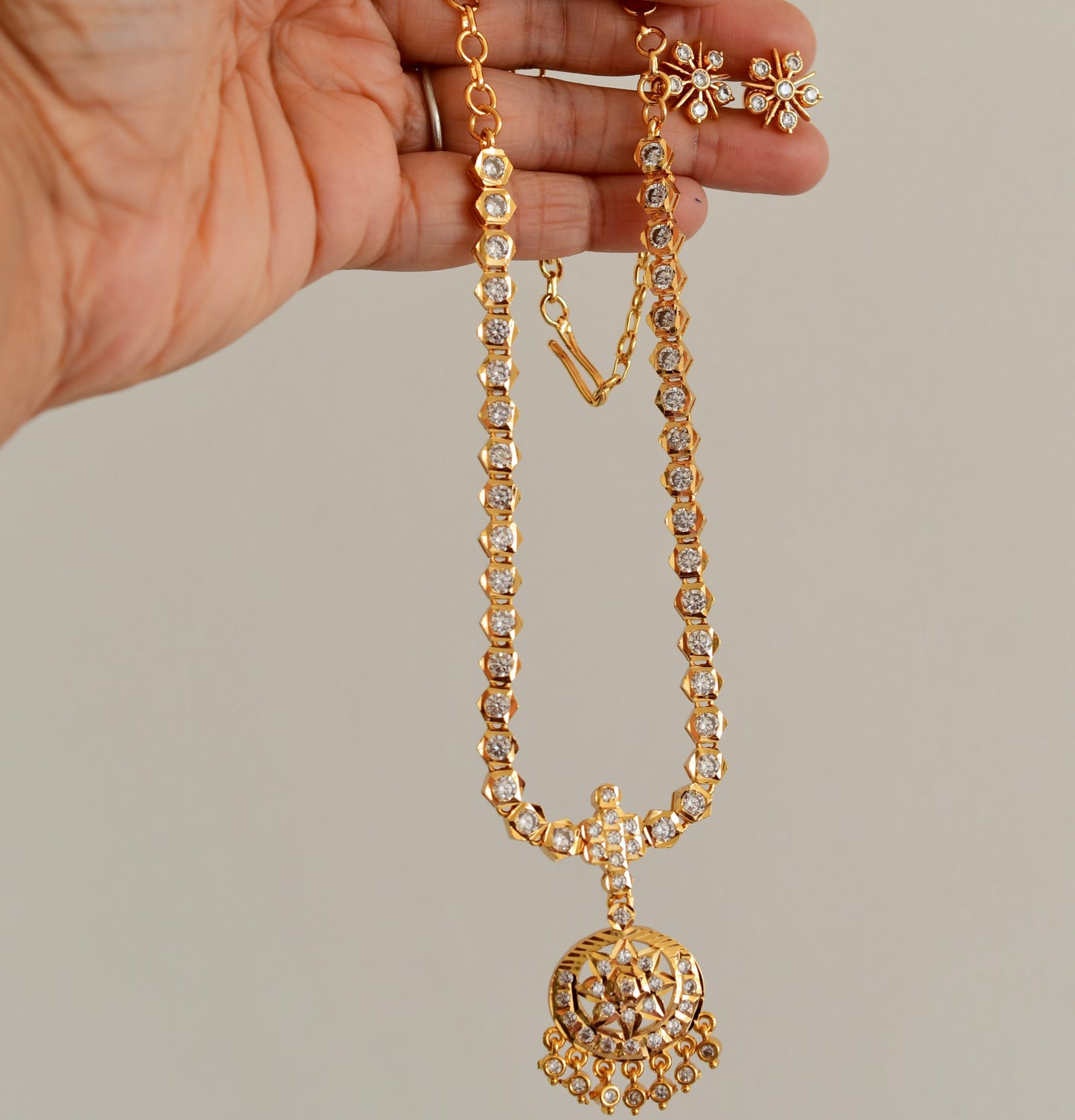 Gold tone AD white stone south Indian necklace set dj-53330