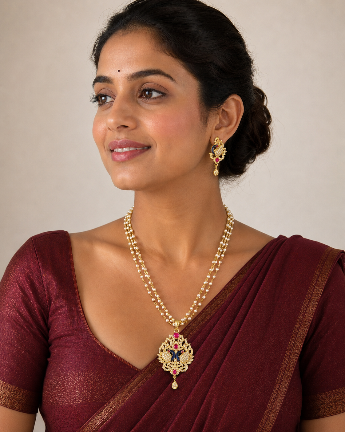 Gold tone cz-ruby peacock necklace set-dj06082