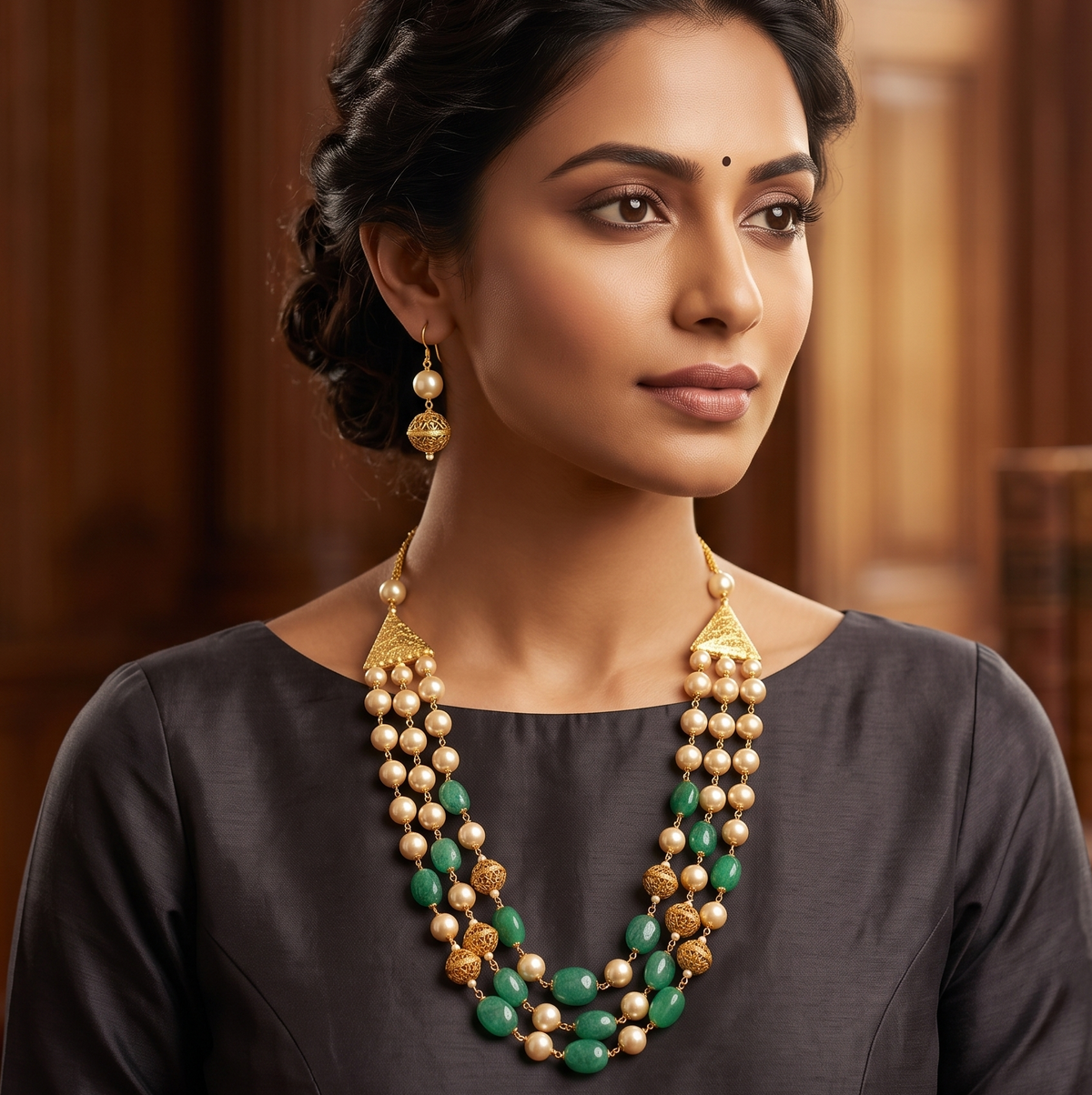 Antique green-pearl multi layer necklace set dj-06141