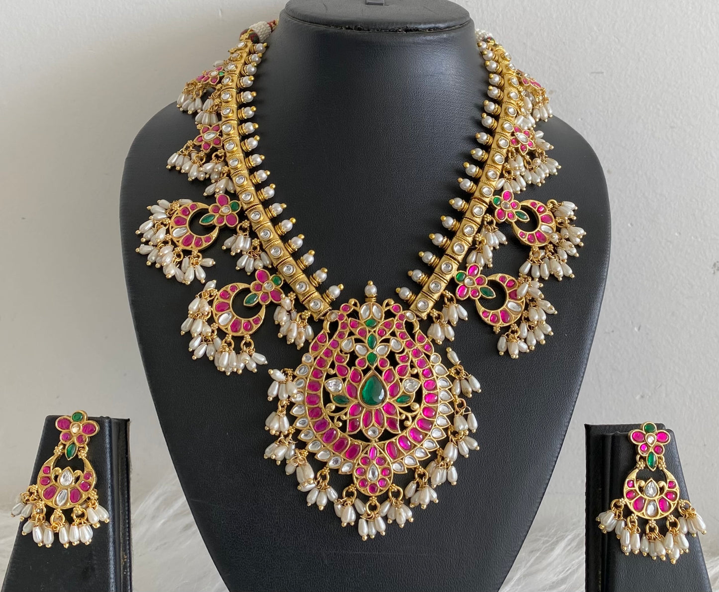 Antique gold tone peacock kundan jadau rice pearl necklace set dj-54153