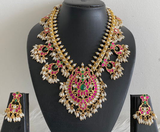 Antique gold tone peacock kundan jadau rice pearl necklace set dj-54153