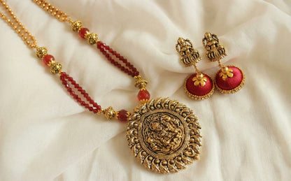 Antique gold tone maroon lakshmi beaded necklace set-dj16605