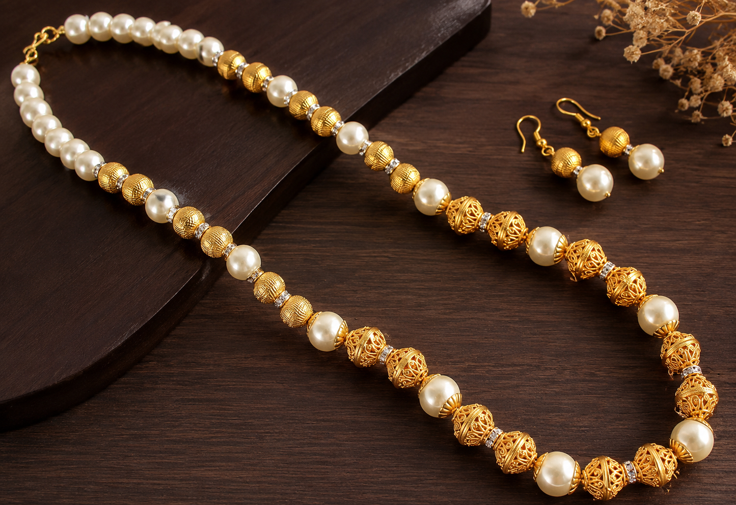 Matte finish pearl beaded necklace set-dj06193