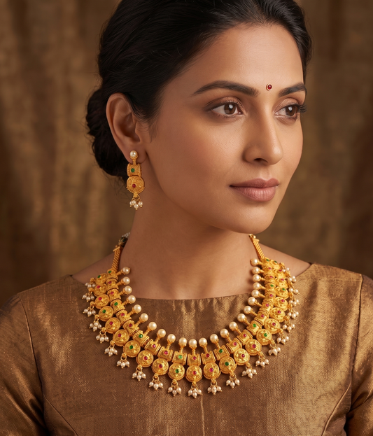 Gold Tone Gutta Pusalu Ruby-green Necklace Set-dj06210