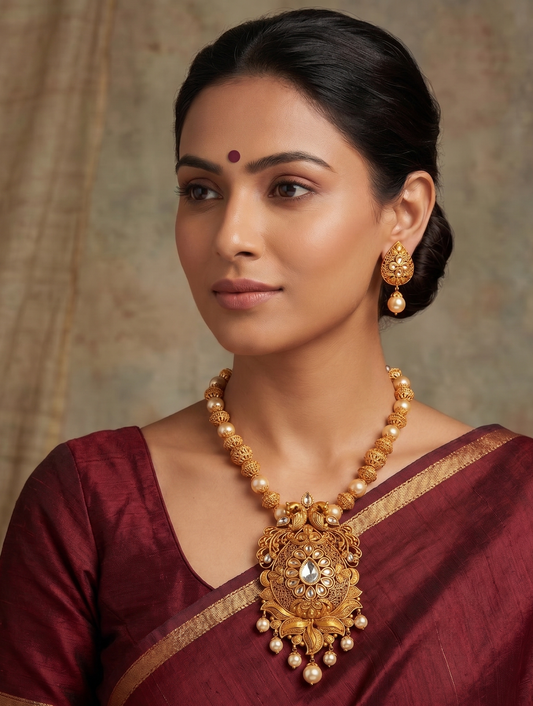Matte finish cz pearl peacock designer necklace set dj-06215