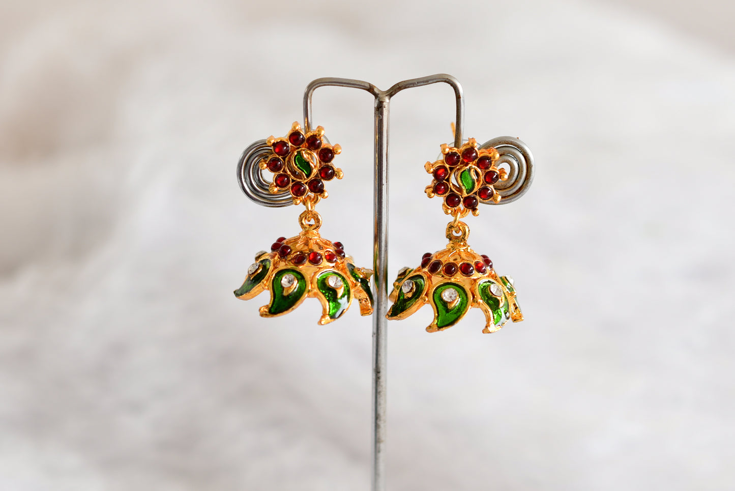 Gold tone red-green mango enamel jhumkka dj-52366
