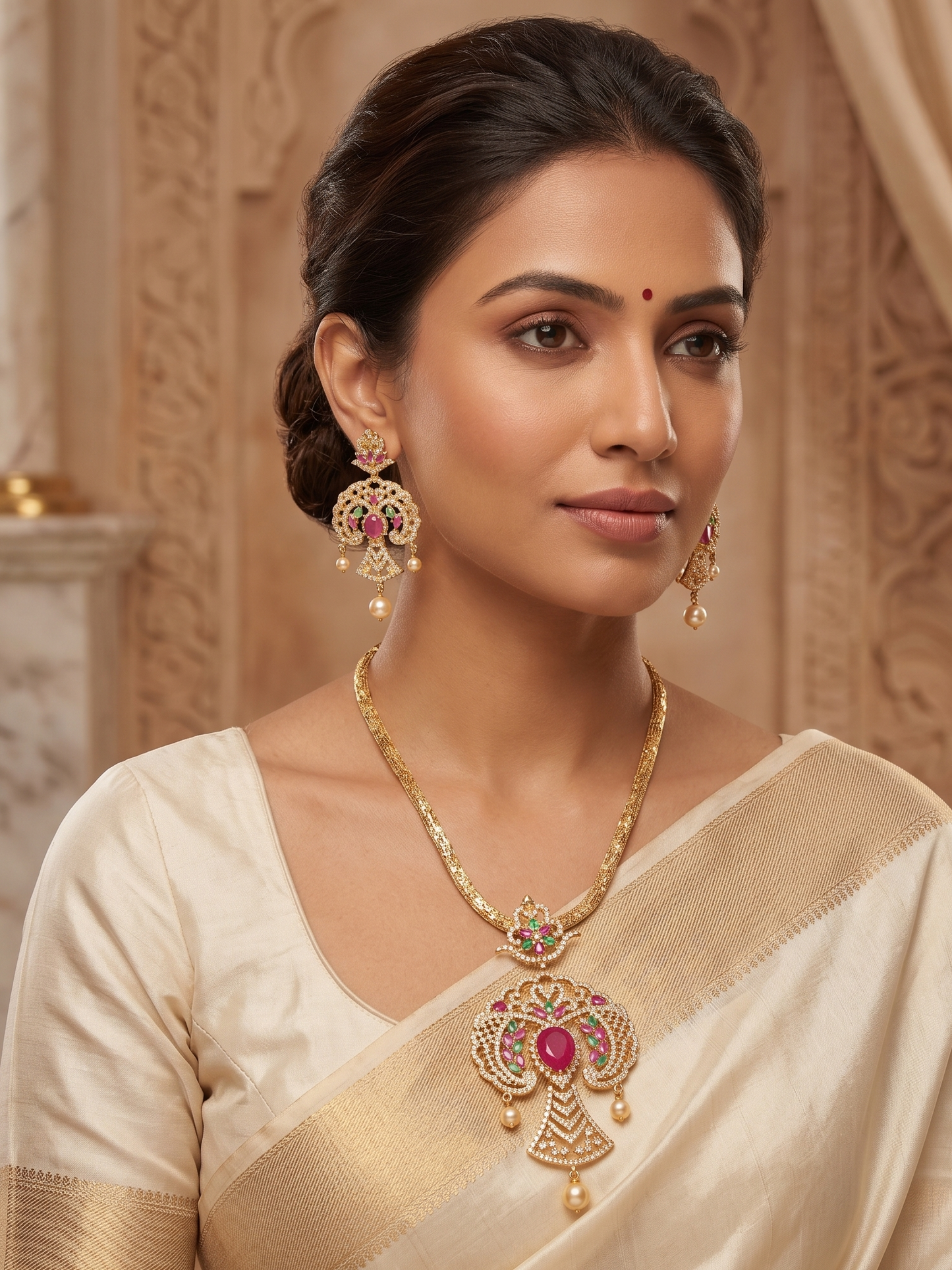 Gold Tone Cz Ruby-emerald Pendant Necklace Set-dj06265