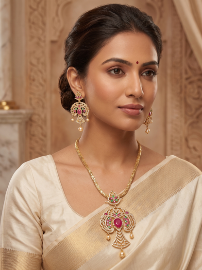 Gold Tone Cz Ruby-emerald Pendant Necklace Set-dj06265