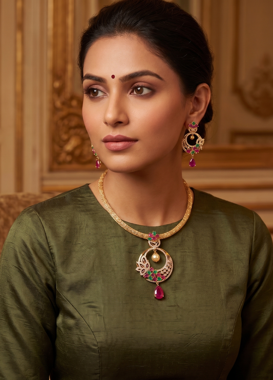 Gold Tone Cz Ruby-emerald Bali Necklace Set-dj06267