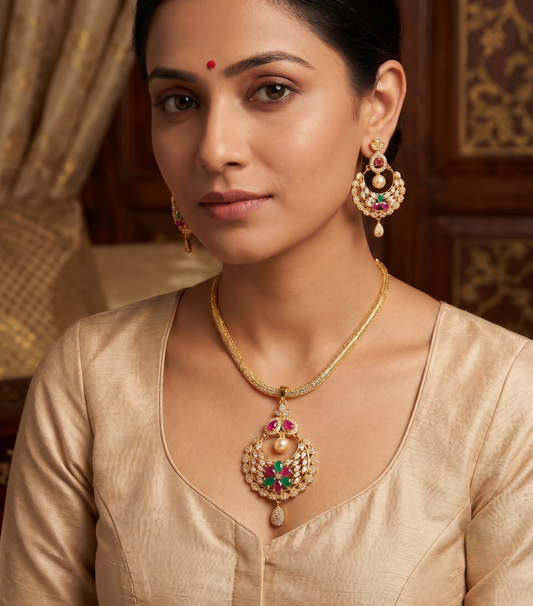 Gold Tone Cz Ruby-emerald Bali Necklace Set-dj06269