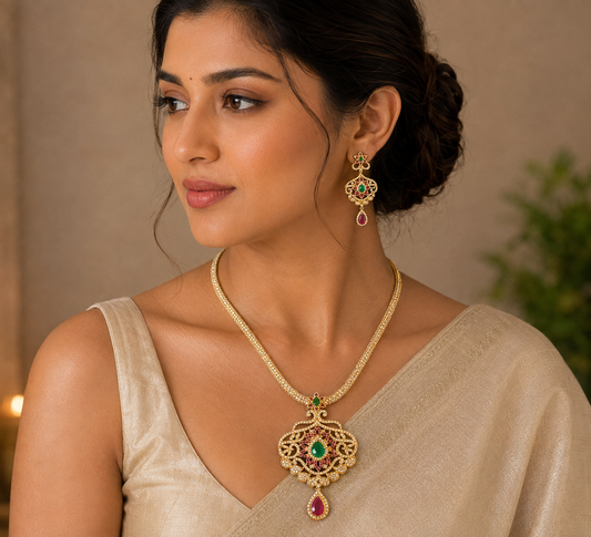 Gold Tone Cz Ruby-green Flower Necklace Set-dj06276