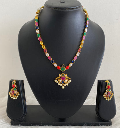 Gold tone navarathna oval stone pearl necklace set dj-54760