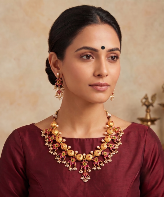 Gold Tone Ruby-emerald Gutta Pusalu necklace set dj-06287