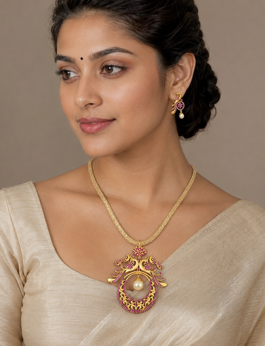 Matte Finish Ruby Peacock Necklace Set-dj06296