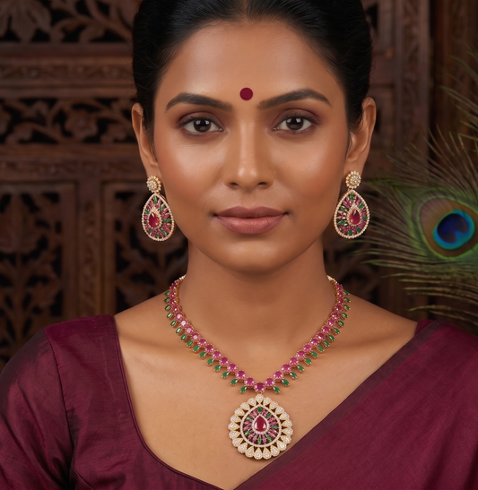 Gold tone cz ruby-green designer necklace set dj-06299